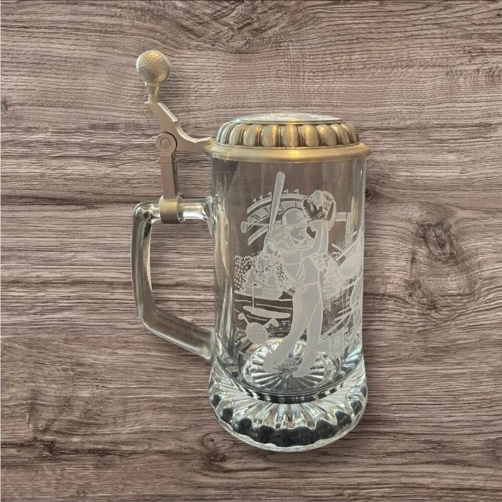 Vintage German Crystal Glass Beer Stein w/ Pewter Lid Set of 2